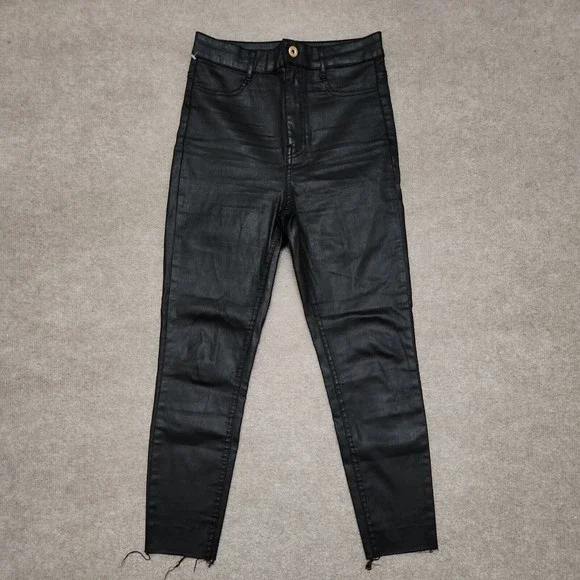 Zara Woman Slim Fit Coated Cropped Pants Size 6 Black Skinny Raw Hem High Rise - Picture 2 of 7